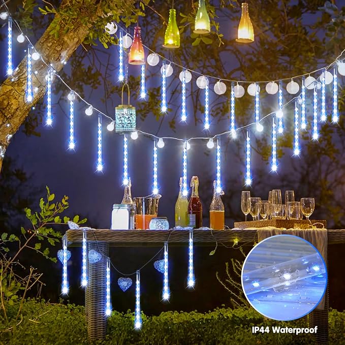 JMEXSUSS Blue and White Solar Meteor Shower Rain Lights | 8 Tube 144 LED Solar Christmas Lights for Party Holiday Yard Patio Decorations