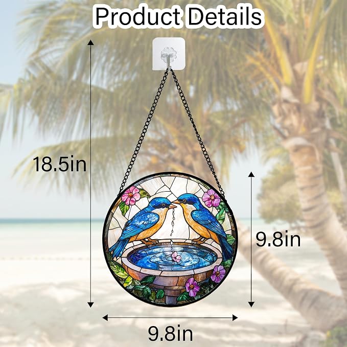 DASTOLL Stained Glass Window Hanging, 2 Blue Birds Suncatcher Diamond Glass Panel Hangings Bird Lover Sun Catchers Decor for Birthday for Women, Men, Wife, Aunt, and Mom 9.8 in