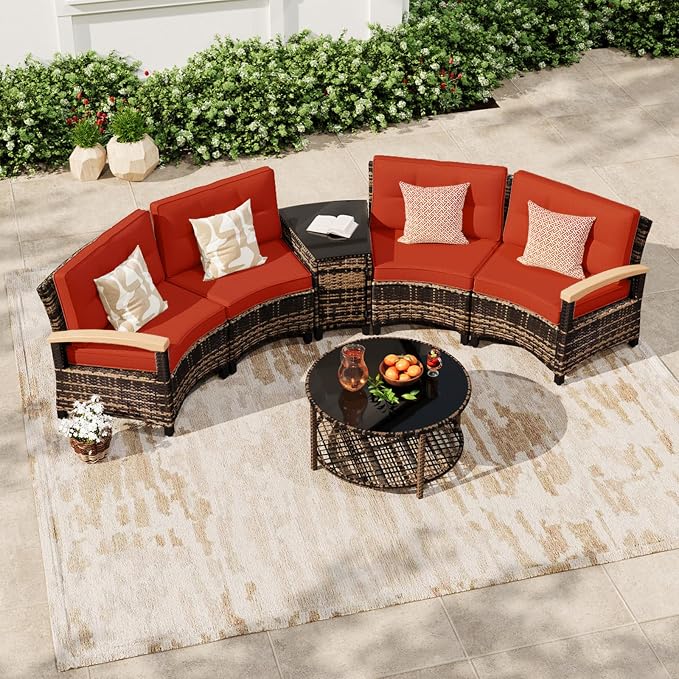 MEISSALIVVE 6-Piece Half-Moon Curved Outdoor Patio Furniture Set, Sectional Conversation Sofa with Wood Armrests, Coffee & Side Tables for Backyard Deck Garden, Red