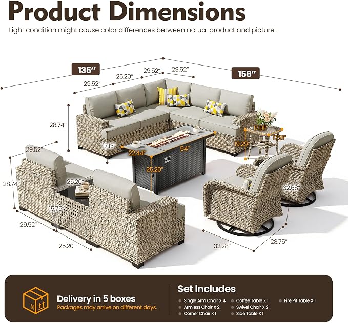 HOOOWOOO Sectional Patio Furniture Set with Fire Pit Table,12 Pieces Wicker Outdoor Furniture L Shaped Couch,Outside Conversation Set Extra Deep Seat Sofa Wide Arm Swivel Chairs Solar Light,Dark Gray