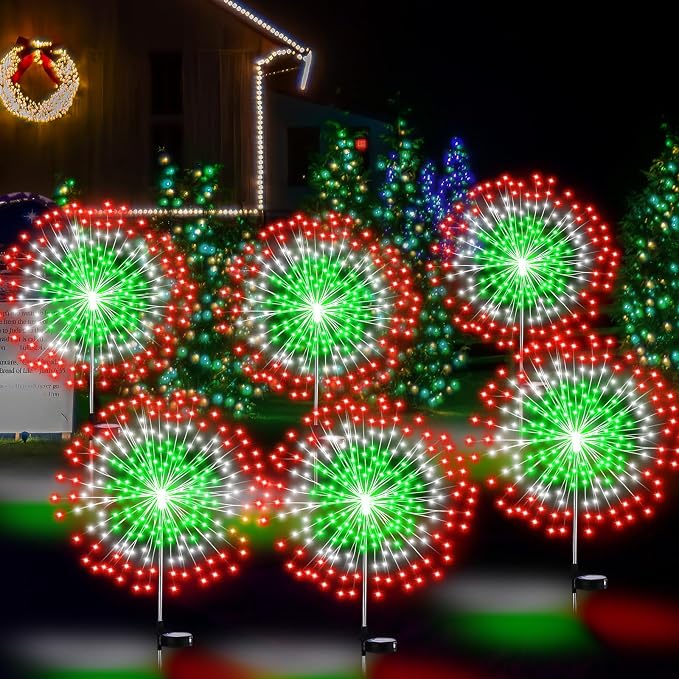 Tujoe Halloween Decoration Outdoor 4 Pack Solar Firework Light with 180 LED Halloween Solar Lights 8 Lighting Modes for Yard Garden Pathway Party Decoration(Red, White, Green)