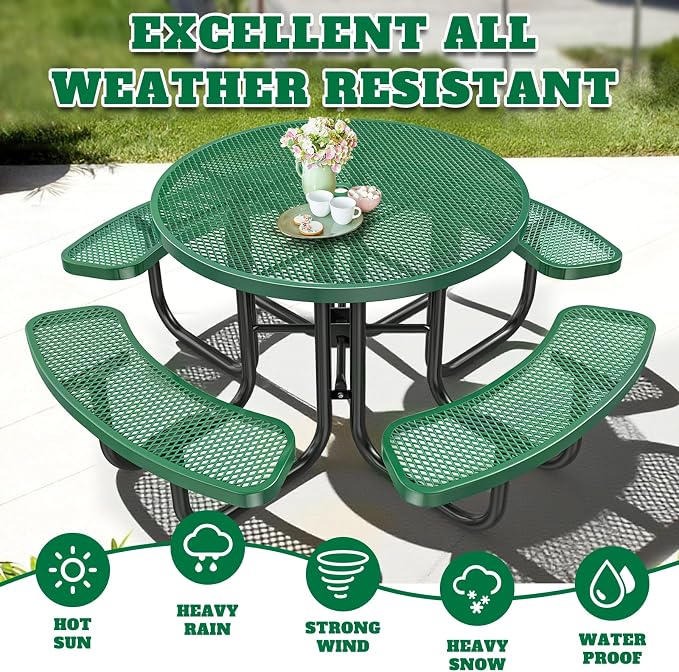 Ceridwen Heavy Duty Picnic Table with 4 Benches, Expanded Metal Steel Mesh Outdoor Patio Dining Table Bench Set with Umbrella Hole,Outdoor Patio Dining Table for Garden (Round, Green, 46FT)