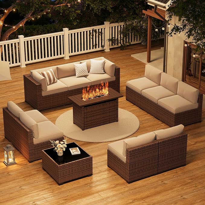 LazySunsets 12-Piece Patio Furniture Set with 44" Fire Pit Table, Wicker Outdoor Furniture, Patio Conversation Sets with Coffee Table, Outdoor Sectional Couch, Beige