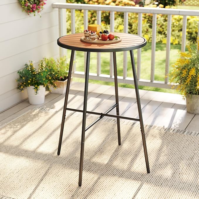 COSTWAY Outdoor Bar Table, 41" Bar Height Patio Round Table with Acacia Wood Top & Metal Frame, High Top Outside Pub Height Bistro Dining Table for Balcony, Garden and Backyard
