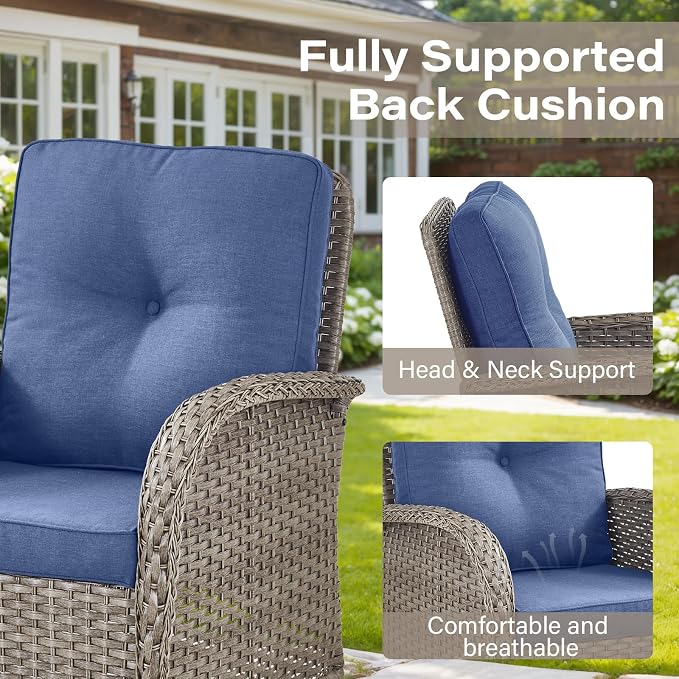 Belord 7 Piece Wicker Patio Furniture Set with 30" Fire Pit Table - Outdoor Swivel Rocker Chairs Set of 4 with Glass Side Tables Set of 2, Patio Conversation Set for Casual Gathering Gray/Blue