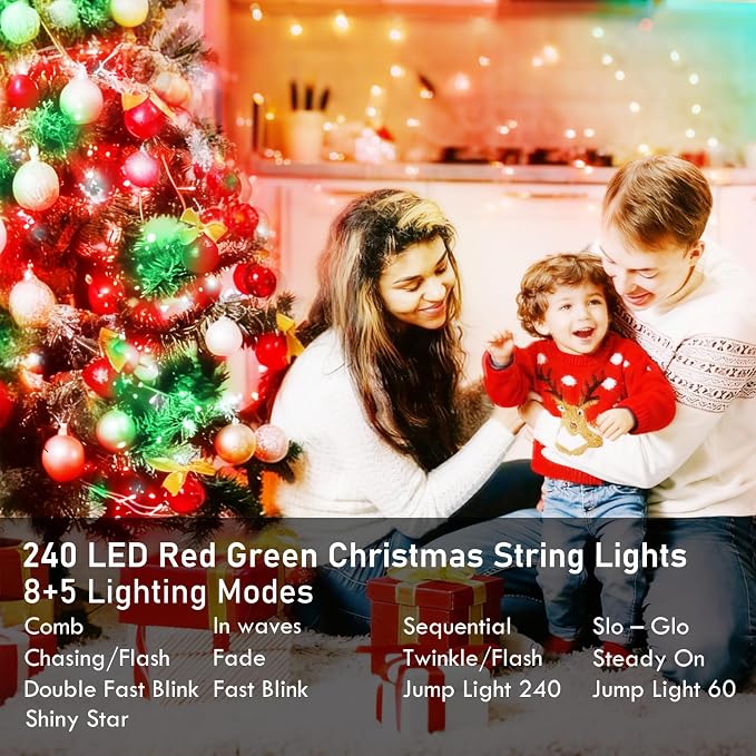 88FT 240LED Extra-Long Connectable String Lights Indoor Outdoor Clear Wire, Red&Green Christmas String Lights, Plug in Twinkle Fairy Light with Timer for Wedding Patio Tree Yard Christmas Decorations