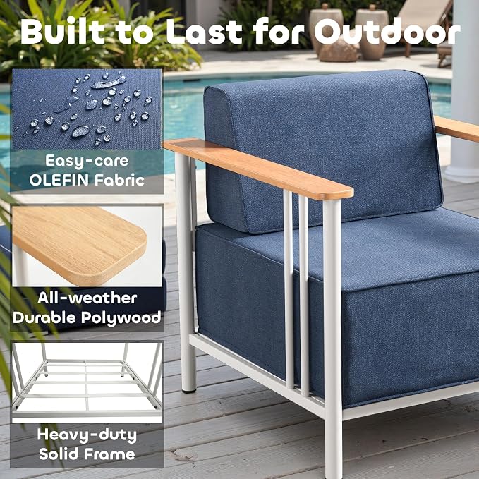 Luxury Patio Chairs with 10" Extra Thick Cushions, Outdoor Chairs with Ottomans, 4 PCS Outdoor Furniture Set for Porch, Balcony, Deck, Patio, Yard, Poolside, White/Blue