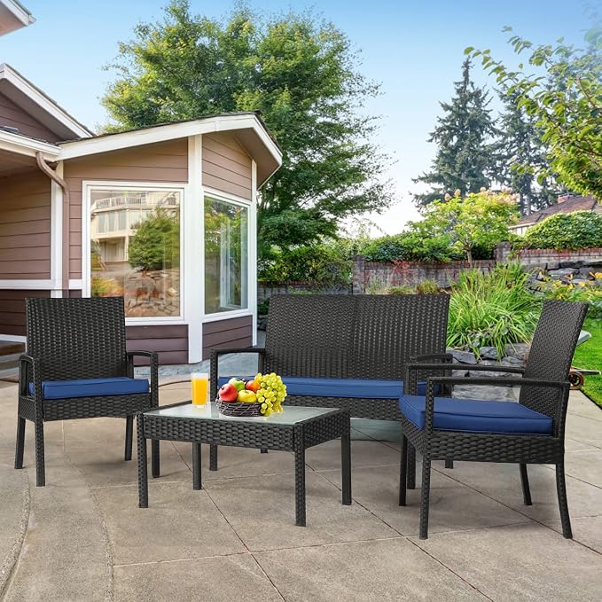4 Piece Outdoor Patio Furniture Set, Rattan Patio Conversation Set | Thick Polyester Cushions, Tempered Coffee Table, Steel Frame Easy Assembly, Suit for Backyard Porch Poolside Balcony, Blue