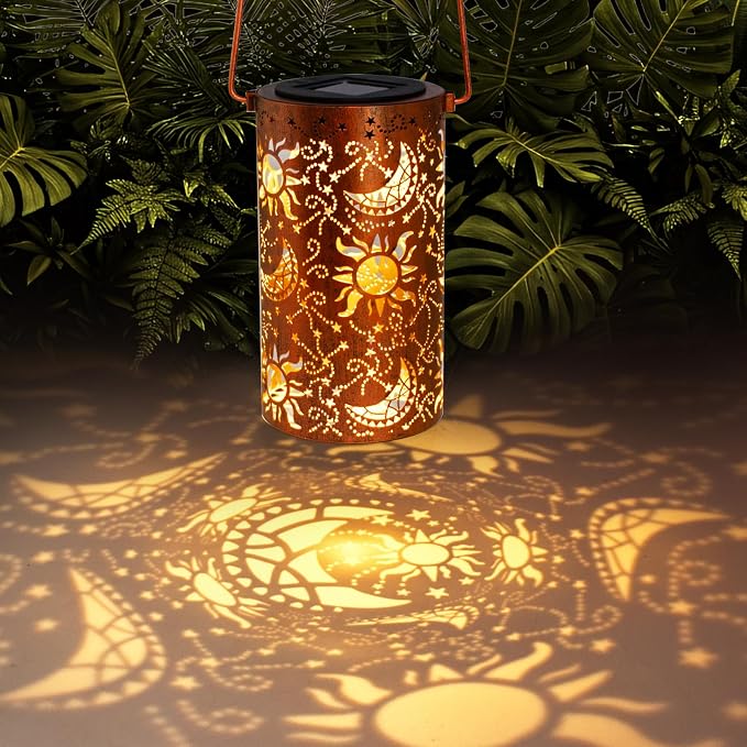 DIBIEECN Birthday Gifts for Women Mom Grandma Wife, Solar Lanterns Outdoor Waterproof, Metal Hanging Lights Garden Decor, LED Decorative Lantern for Patio Porch Backyard, Sun and Moon, 1 Pack