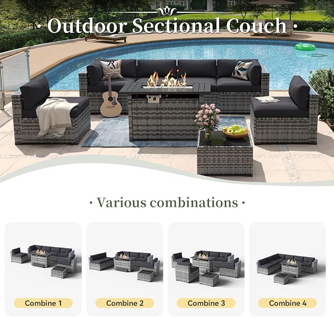 Aoxun 8 Piece Patio Furniture Set with 44” Fire Pit Table Wicker Rattan Outdoor Sectional Sofa Set with Coffee Table and Thickened Cushions, Black