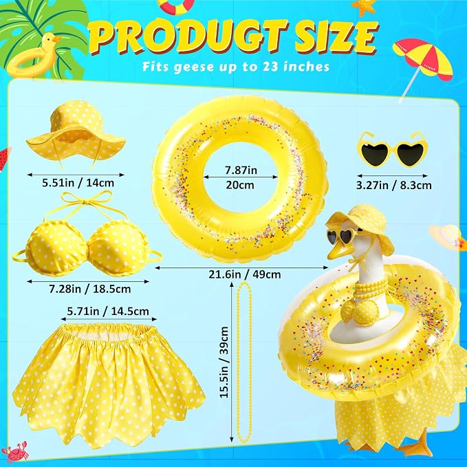 Hawaiian Porch Goose Outfit - Fits 23" Plastic Goose Statue | Yellow Bikini, Swimming Ring, Heart Glasses & Necklace Set - Summer Goose clothes for Lawn, Yard, Garden Decor