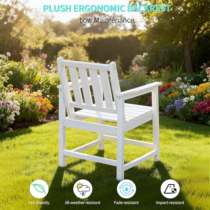 Outdoor Patio Chairs Set of 2, All-Weather Outdoor Patio Dining Chair with Backrest and Armrest, 300 lbs Support HDPE Furniture Garden Chairs for Backyard, Deck, White
