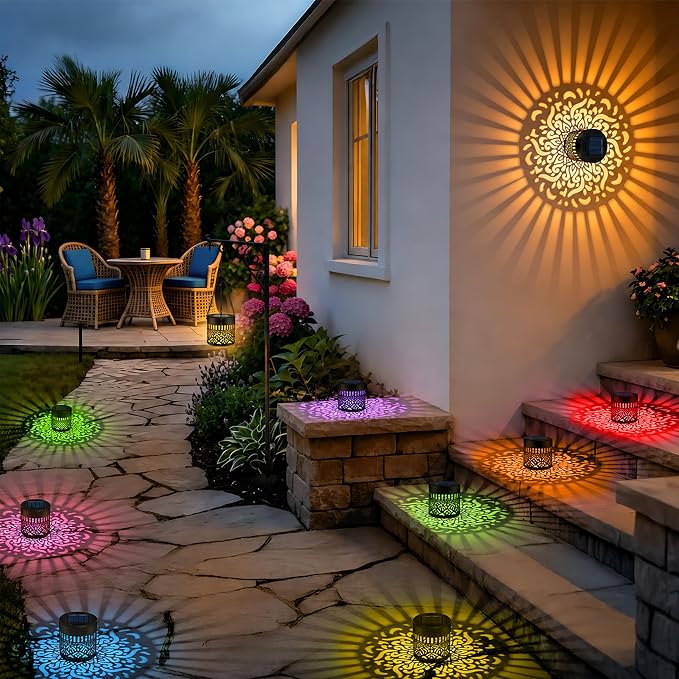 4 Pack Solar Fence Lights Outdoor, Metal Solar Powered Wall Deck Step Light | Mandala Theme, Hanging LED Waterproof Decorative Lighting for Garden Patio Backyard Post Decor, 7 Colors