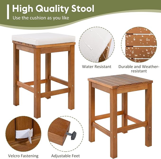 5 Piece Outdoor Bar Set for 4, Acacia Wood Bar Height Table & 4 Stools with Removable Cushions, Wood Dining Table Bar Set with Adjustable Feet for Backyard, Poolside, Balcony, Beige+Natural