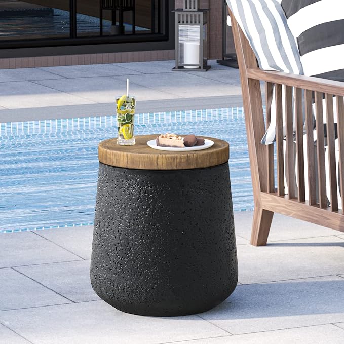 HOMPUS Outdoor Concrete Side Table, Modern Cylinder Pedestal End Table, Home Decor Small Accent Table w Wood Grain Top, Multi-Functional Round MgO Coffee Table, Round Planter Stand for Garden, Black