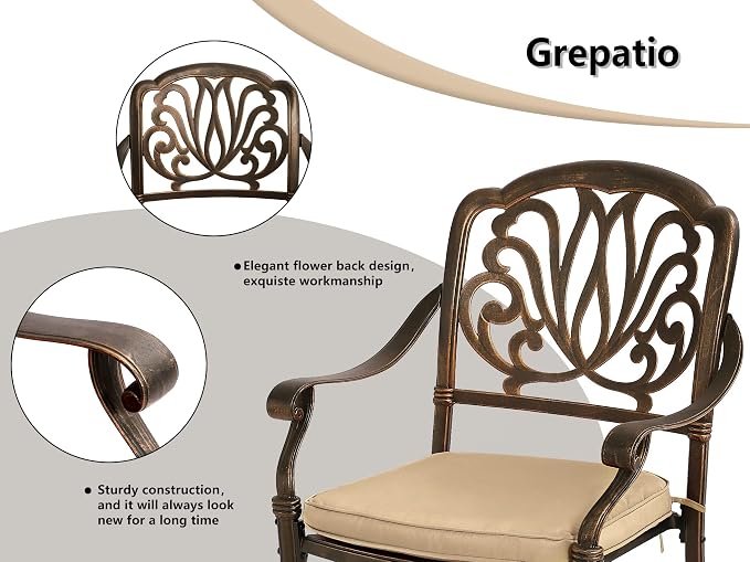 Grepatio 3 Piece Bistro Set Outdoor Cast Aluminum Patio Dining Set Table and Chairs Outside Bistro Furniture 2 Chairs and 1 Umbrella Table for Lawn Garden (Khaki)