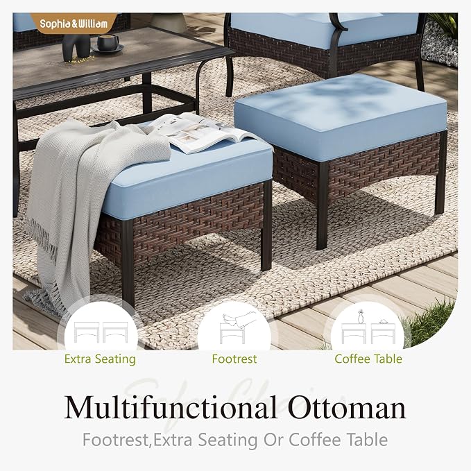 Sophia & William Patio Furniture Set with 56" Fire Pit Table, 9 Seats Metal Frame Outdoor Conversation Sets Wicker Patio Sectional Sofa Set with Ottomans for Porch, Deck, Poolside, Blue