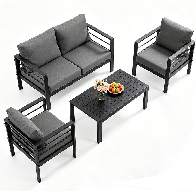 4-Piece All-Weather Metal Patio Furniture Set, Sectional Conversation Sofa w/Coffee Table, Heavy Duty Steel Frame & Washable Cushions for Backyard Garden (Grey, Furniture Set（Straight）)