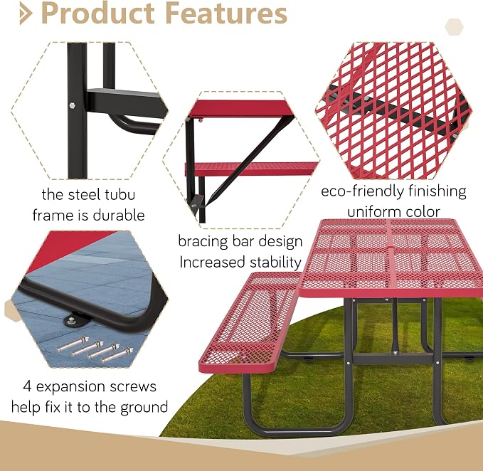 72'' Rectangular Metal Picnic Table with 1.73" Umbrella Hole, Heavy-Duty Commercial Grade Steel Mesh Table Set, Weather Resistant Sturdy for Outdoor, Smooth Round Corner Design, Red