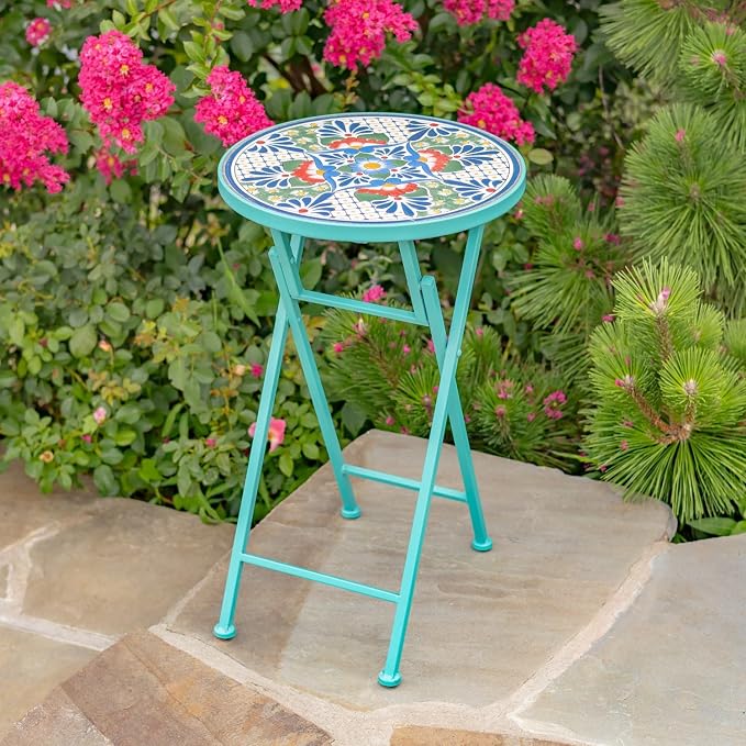 Zaer Ltd. Mosaic Tile Furniture with Teal Metal Frame and Patterned Tile Tops (Baton Rouge - Teal/Blue/Green, Folding Accent Table)