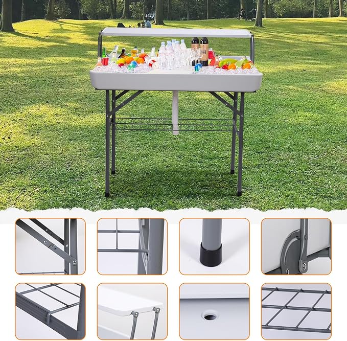 Nice C 4 ft Folding Ice Cooler Table, Party Cooler, Grazing Table, Tables with Drain, Bar Cooler Tables, with Matching Skirt, Storage Shelf (White)