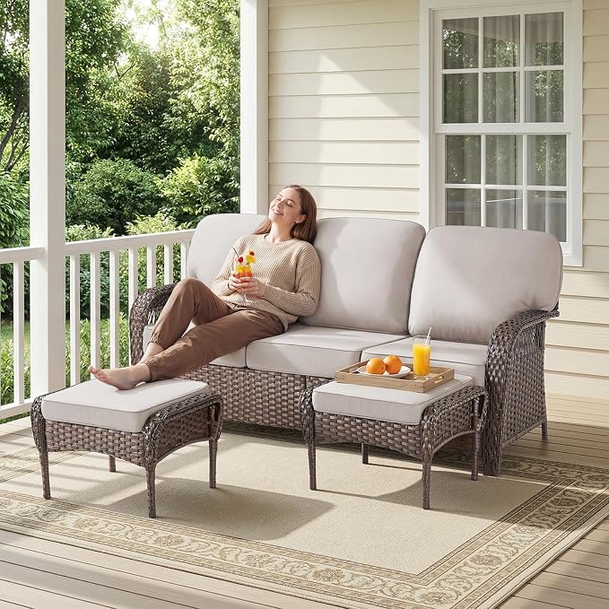 Belord Patio Wicker Swivel Rocker Patio Chairs with 3-Seater Sofa, Outdoor Rattan Chairs for Deck Porch Poolside, 9 Piece Patio Conversation Furniture Set,Beige
