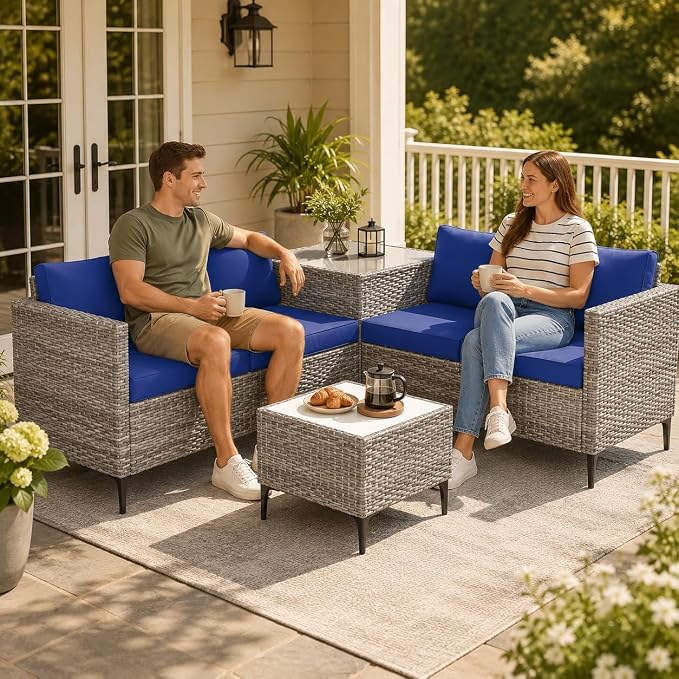 Garvee All-Weather PE Rattan Patio Furniture Set, 4 Piece Outdoor Sectional Sofa Couch with Storage Coffee Table, l-Shaped Conversation Set for Garden, Backyard, Poolside, Porch, Gray Blue