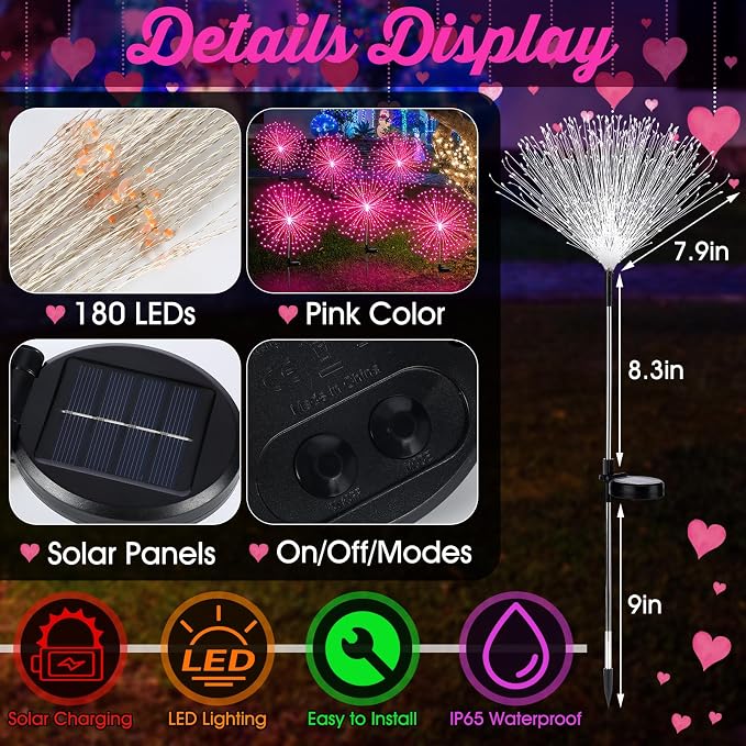 Tujoe 6 Pack Pink Solar Firework Lights 180 LED 8 Lighting Modes Waterproof Outdoor Decorative Solar Lights for Wedding Valentine Birthday Garden Patio Yard Pathway Walkway Lawn Decor