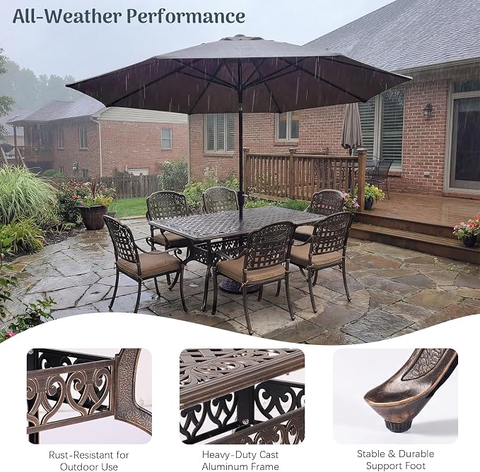 Redlife 7-Piece Cast Aluminum Outdoor Dining Set, 59" Rectangular Patio Table with Umbrella Hole, 6 Stackable Chairs with Cushions, Lattice Backrest, Waterproof Patio Furniture Set
