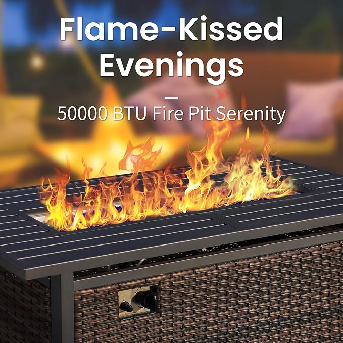 PHI VILLA Outdoor Patio Furniture Set with 56" Fire Pit Table, 6 Pieces Heavy-Duty Rattan Wicker Metal Patio Conversation Sets for Backyard Garden Deck