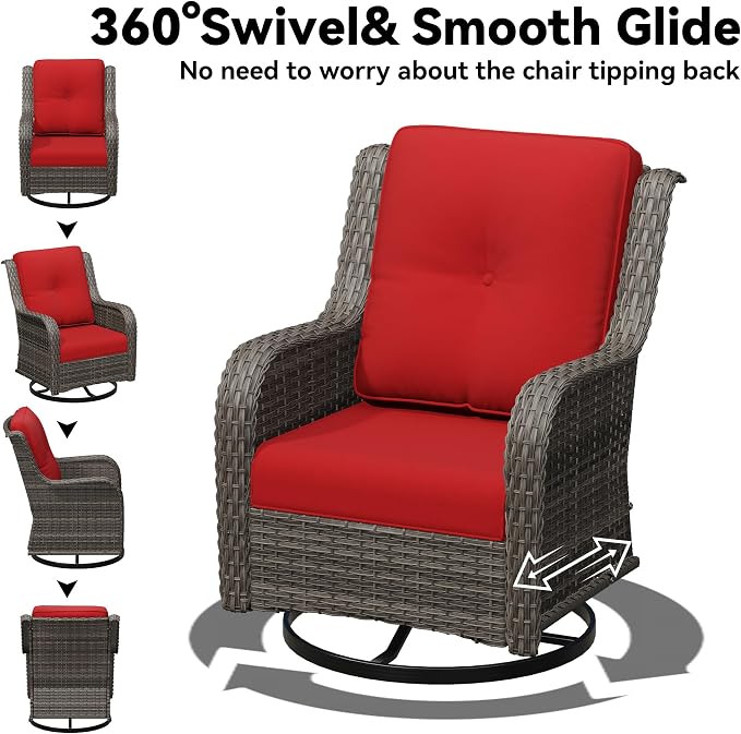 Outdoor Swivel Rocker Patio Chair - Outdoor Wicker Patio Furniture with Thickened Olefin Cushions, High Back and Deep Seating, Hand-Woven PE Rattan for Porch, Deck, Balcony, Red