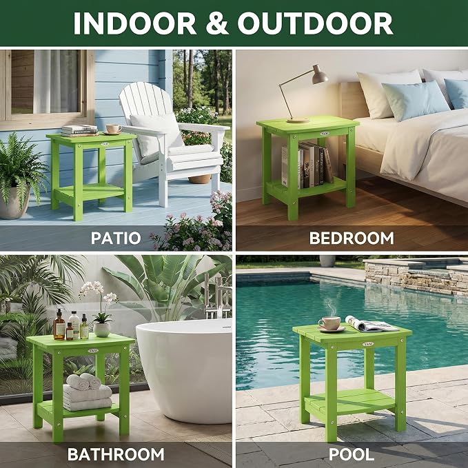 Y&M Outdoor Side Table, HIPS Adirondack Small Double Layer Table, Waterproof Square Outside Table, Balcony End Tables for Patio, Pool, Porch, Deck, Indoor or Outdoor Use, Lime