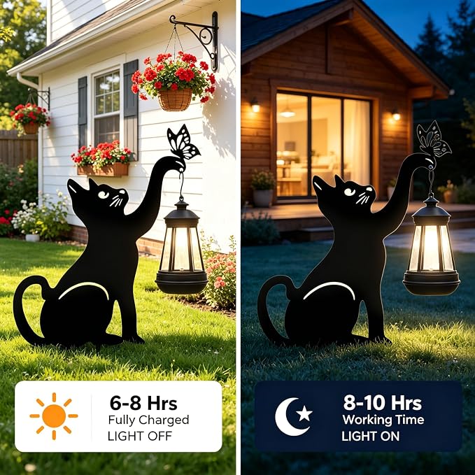 2 Pcs Black Cat Solar Lights Outdoor - Cat Lover Gifts for Mom Woman Grandma,Garden Decor with Butterfly Decorative Metal Stake Housewarming Ornament for Yard Pathway Lawn Patio