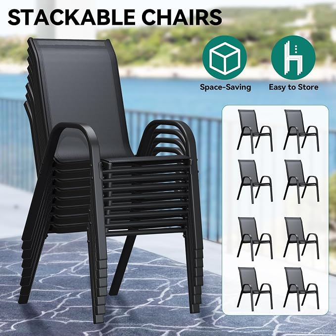 YITAHOME Stackable Patio Dining Set for 8, Breathable Outdoor Dining Set w/75 Aluminum Patio Table & 8 Stackable Patio Chairs Set, All Weather Outdoor Patio Dining Set for Backyard Deck Porch, Black