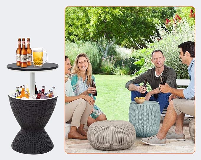 FDW Cool Bar Cooler Table Outdoor Patio Furniture and Hot Tub Side Table 3in1 All-Weather Cool Wicker Bar Table + Ice Bucket + Cocktail Coffee Table with 8 Gallon Beer and Wine Cooler (Black)