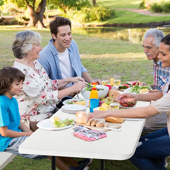 S AFSTAR Folding Picnic Table, Plastic Picnic Table with 2 Benches, Outdoor Foldable Table and Bench with Steel Frame & Wood-Like Texture Tabletop, Camping Chair Set for Garden Patio Lawn(White)
