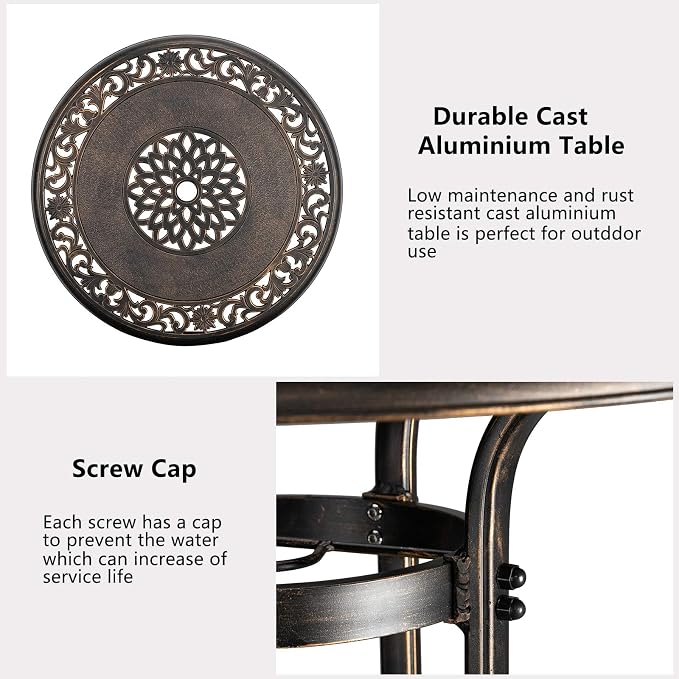 VINGLI Cast Aluminum Patio Bistro Dining Table with 2” Umbrella Hole, Round Conversation Table for Outdoor, Weather Resistant Garden Dining Table (32”Diax29”H)