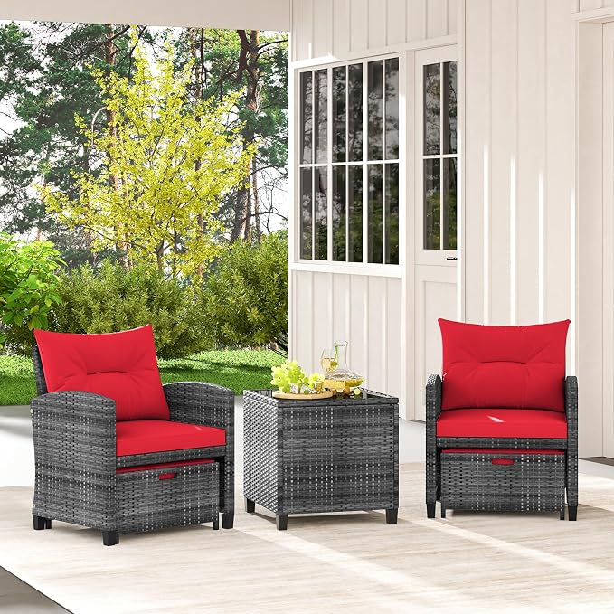 Tangkula 5 Pieces Patio Conversation Set, PE Wicker Rattan Outdoor Furniture Set with 2 Chairs, 2 Ottomans & Tempered Glass Coffee Table, Ideal for Poolside, Backyard, Lawn, Deck, Mix Grey & Red