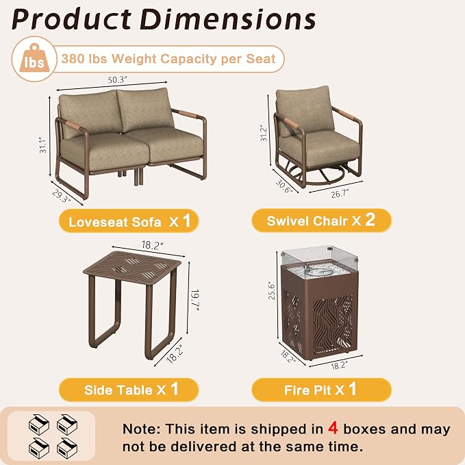 Outdoor 4-Seat Conversation Set with 2 Swivel Rocking Chairs, 45000 BTU Fire Pit Table & Glass Wind Guard - Brown