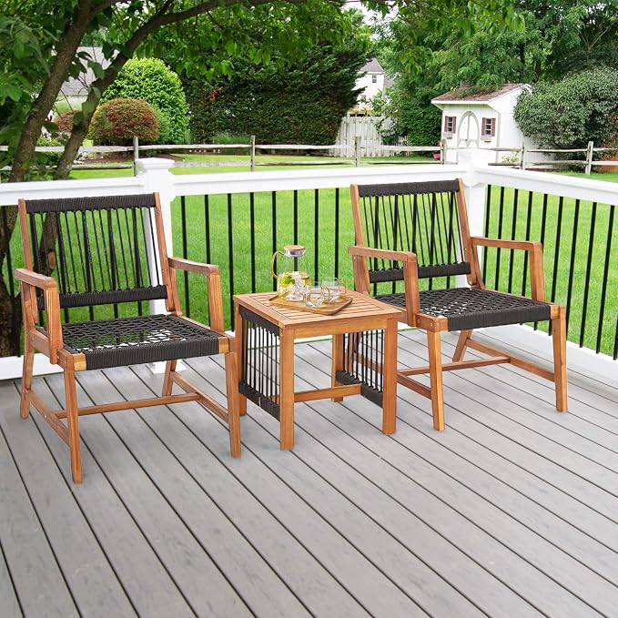 Tangkula 3 Pieces Acacia Wood Outdoor Furniture Set, All-Weather Rope Woven Bistro Set with Armchairs and Coffee Table, Patio Conversation Set for Front Porch, Deck, Balcony