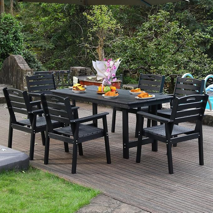 7-Pcs Outdoor Patio Dining Table Set of 6, Outdoor Patio Rectangular 66.9'' Dining Table and Armchair for Garden Backyards Pool Side, Waterproof HDPE Material & 1.95'' Umbrella Hole, Black