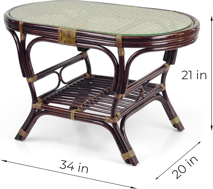 Malibu Lounge Set of 4: 2 Natural Rattan Wicker Chairs, Three-Seater Sofa and Coffee Table with Glass Handmade, Dark Brown Color with Black Leaf Cushions
