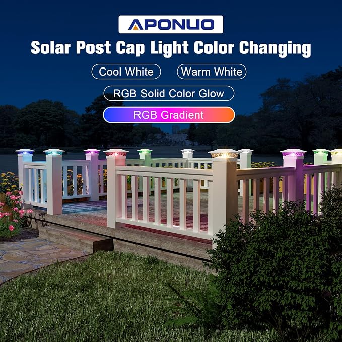 APONUO Solar Post Cap Lights with 8 RGB Solid Colors & Multicolor Flow - 6 Pack Fence Post Solar Lights, IP65 Waterproof - Fits 4x4 5x5 6x6 Wood & Vinyl Posts - White