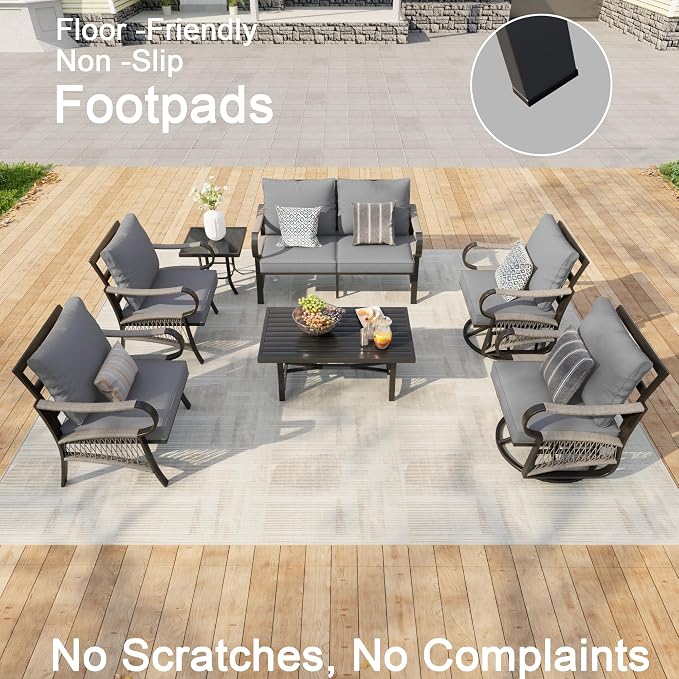 7 Pieces Patio Conversation Sets, All Weather Metal Outdoor Furniture Set Includes 2 Swivel Rockers with Side Table and Loveseat with Coffee Table 2 Single Chairs for Backyard Garden Deck Porch, Gray