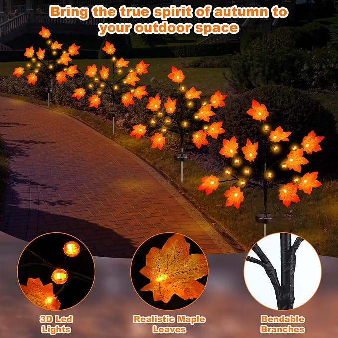 Rossesay 4 Pack Outdoor Fall Solar Lights Decorations Thanksgiving Waterproof Orange Maple Leaf Lights, Autumn Artificial Tree for Halloween Christmas Party Yard Garden Decor, 10 LED 8 Modes
