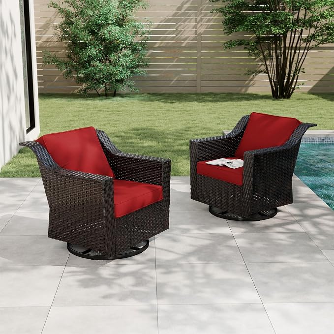 Patio 2 Pieces Wicker Swivel Chairs Set of 2，Outdoor PE Rattan Rocking Glider Armchairs, Water-Resistant Cushions with Removable and Washable Covers, Porch, Balcony, Sunroom (RED)