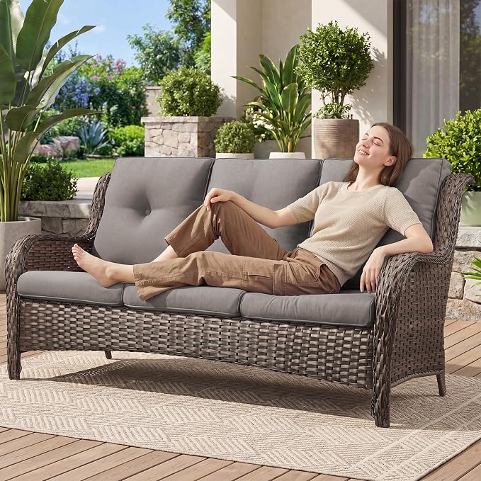 Belord Patio Sofa Luxury PE Wicker 3-Seater Outdoor Couch, Modern All-Weather High Back Deep Seat Woven Furniture Set for Porch, Deck, Balcony, Backyard - Brown/Grey