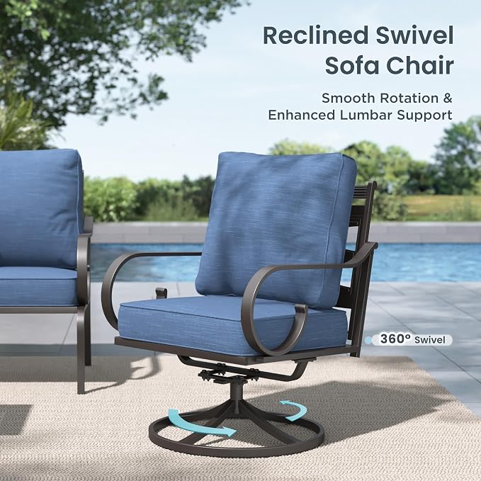 PHI VILLA Patio Furniture Set, 1 Loveseat, 3-Seater Sofa, 2 Swivel Chairs and a Coffee Table, Outdoor Metal Conversation Set with 5.75" Extra Thick Cushion for Garden Backyard Deck, Navy