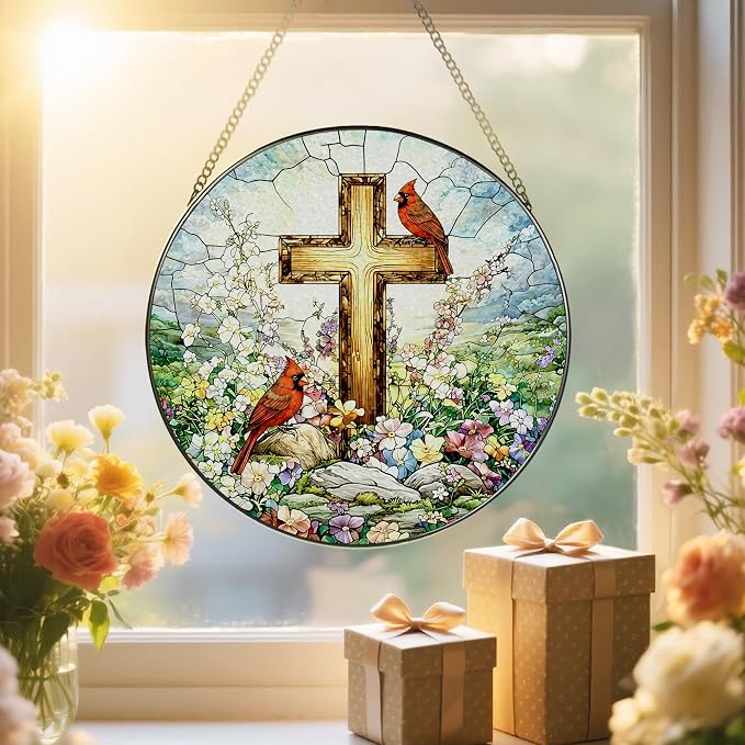 Stained Glass Window Hanging, 8" Cardinal Suncatcher, Christian Cross Window Hanging Decor, Religious Home Decor, Religious Gift, Christian Gift, Memorial Gifts, Sympathy Gifts for Loss of Loved One
