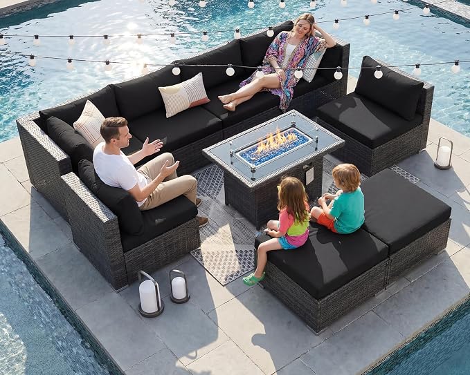 BULEXYARD 9 Pcs Highback Patio Furniture Set with Firepit, High-End Outdoor Sectional Couch with Ottoman 8-Seats, Cozy Comfy Wide Deep Deck Seating Group Conversation, Grey Rattan & Black Cushion